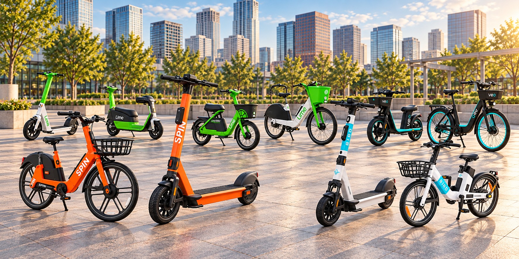 AI-generated illustration of Spin, Bird, Lime and Veo scooters, bikes and e-bikes together