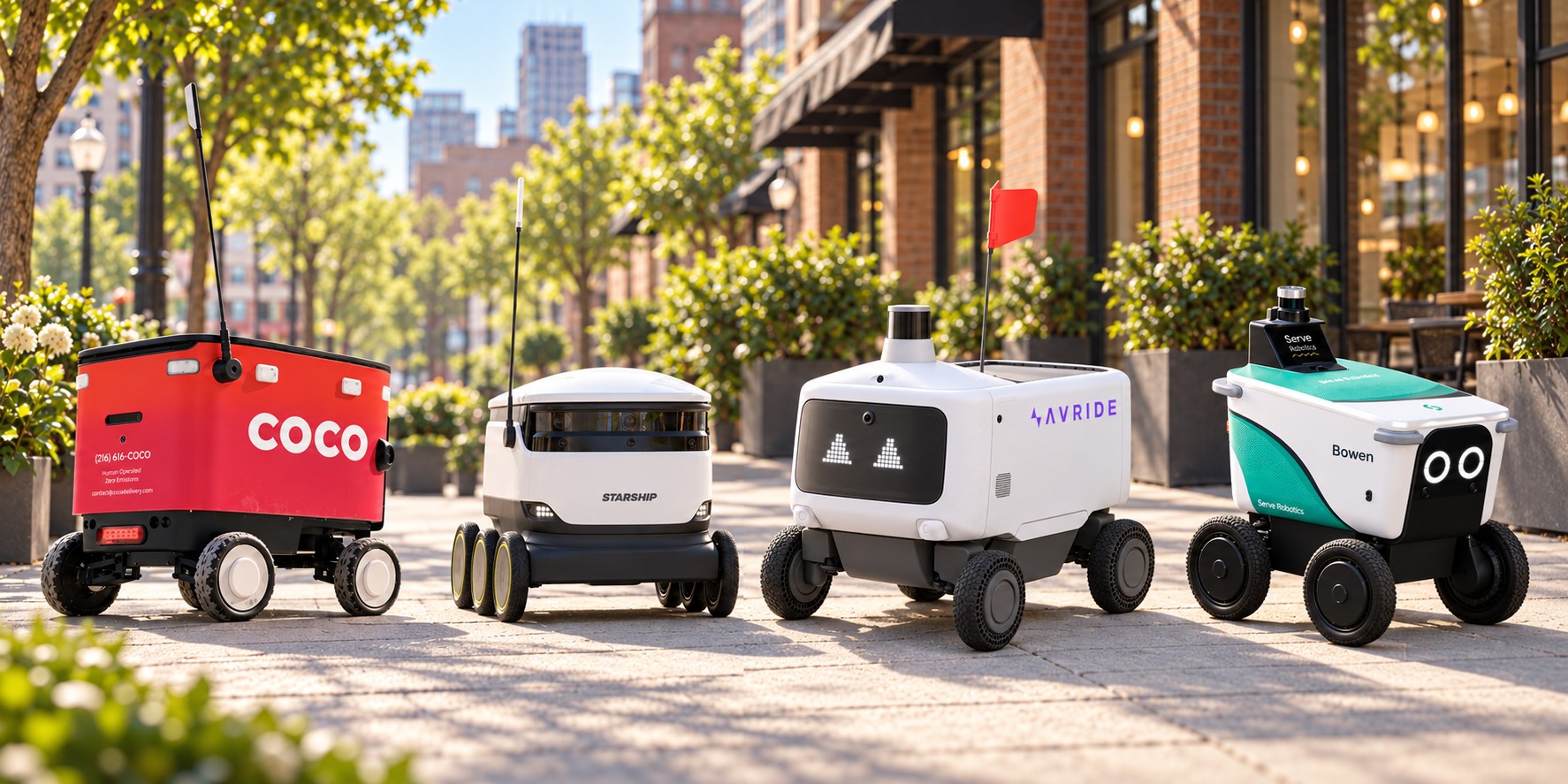 AI-generated illustration of Coco, Starship, Avride and Serve delivery robots together